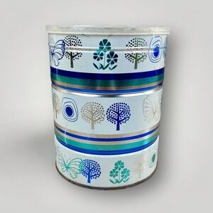 Vintage Coffee Tin Butterflies Trees Retro Graphics‎ Blue Silver White Décor